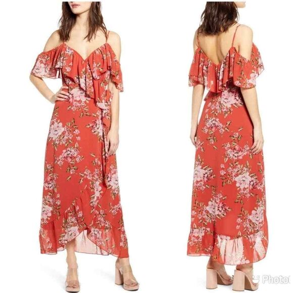 WAYF Nanette Floral Ruffle Wrap Off Shoulder Dress - Picture 1 of 12